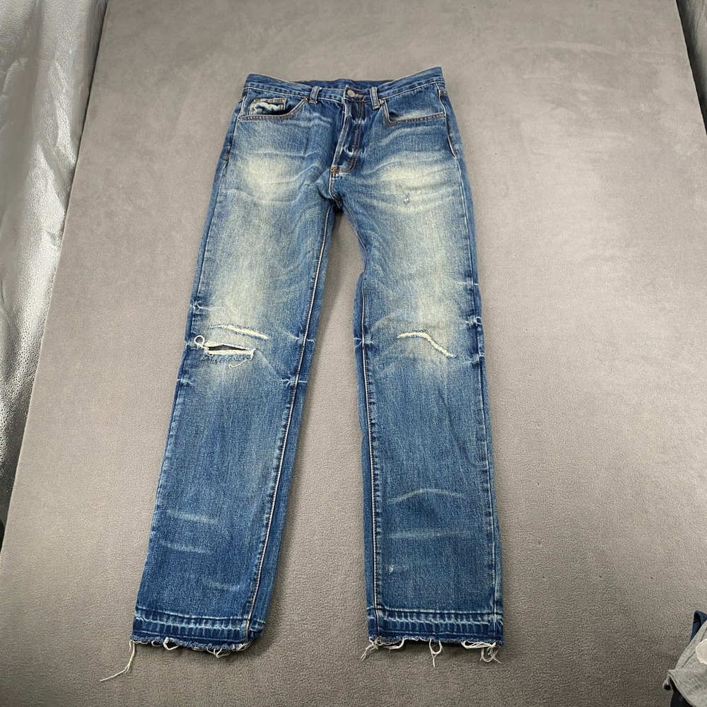 mnml Mens Distressed Straight Leg Jeans Blue Medium Wash Raw Hem Size 30
